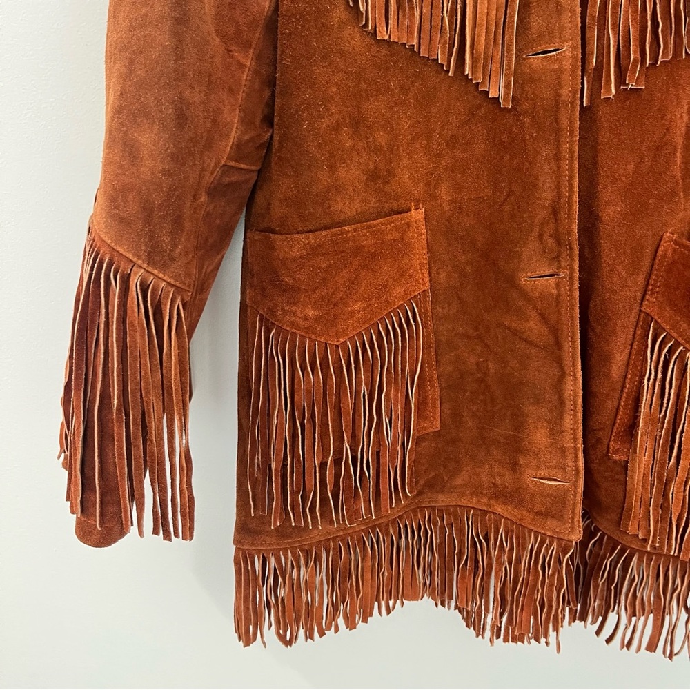 VINTAGE Chestnut Brown Suede Leather Fringe Western Boho Jacket | Women size xxl - Picture 5 of 11